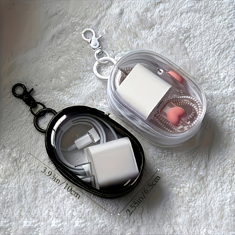 One Portable PVC Cable Storage Box, Casual Style Transparent Charger Storage Box for Headphones and Data Cables, Portable Cable Organizer with Keychain for Chargers, Can also be used to store headphones, cables, jewelry, etc.